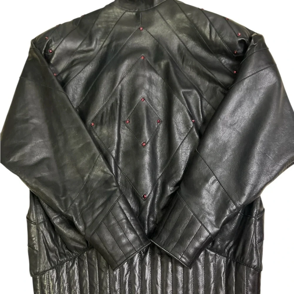 Vintage Junko Koshino Black Leather Jacket Red Glass Studs Shoulder Pads Men 42